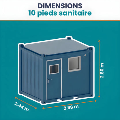 Dimensions container sanitaire 10 pieds Eurocontex – 2.98m x 2.44m x 2.80m, vue 3D isométrique