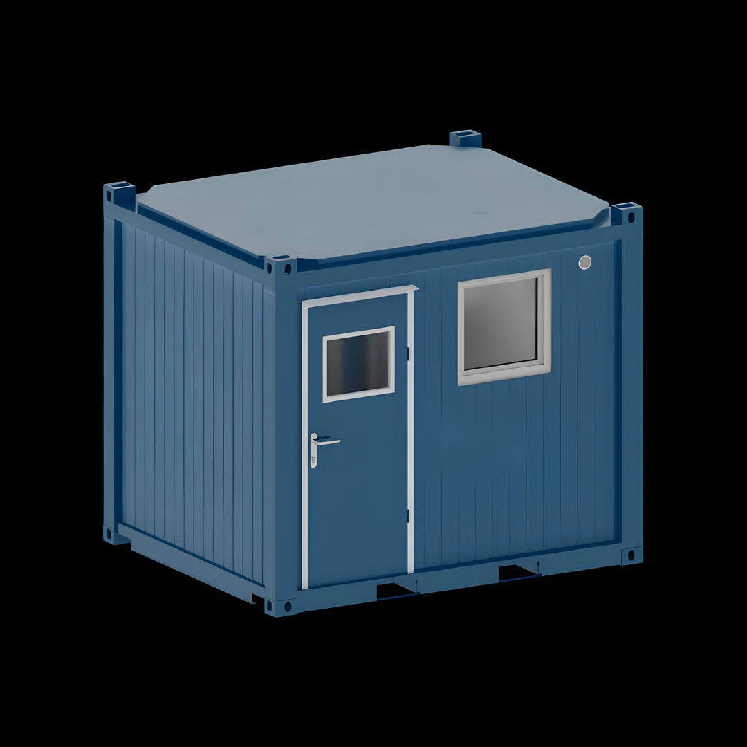 Container sanitaire neuf 10 pieds Eurocontex – vue 3D extérieure, structure bleue avec porte et fenêtres