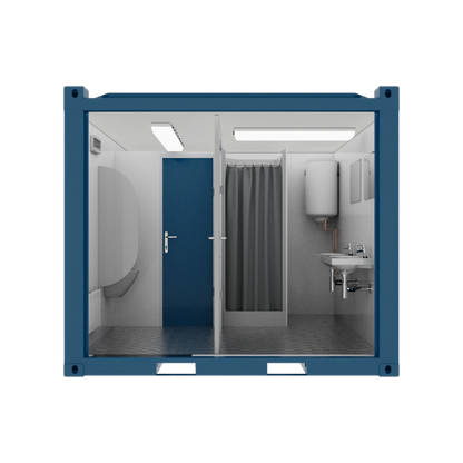 Intérieur container sanitaire 10 pieds Eurocontex – WC, douche avec rideau et lavabo, chauffe-eau intégré